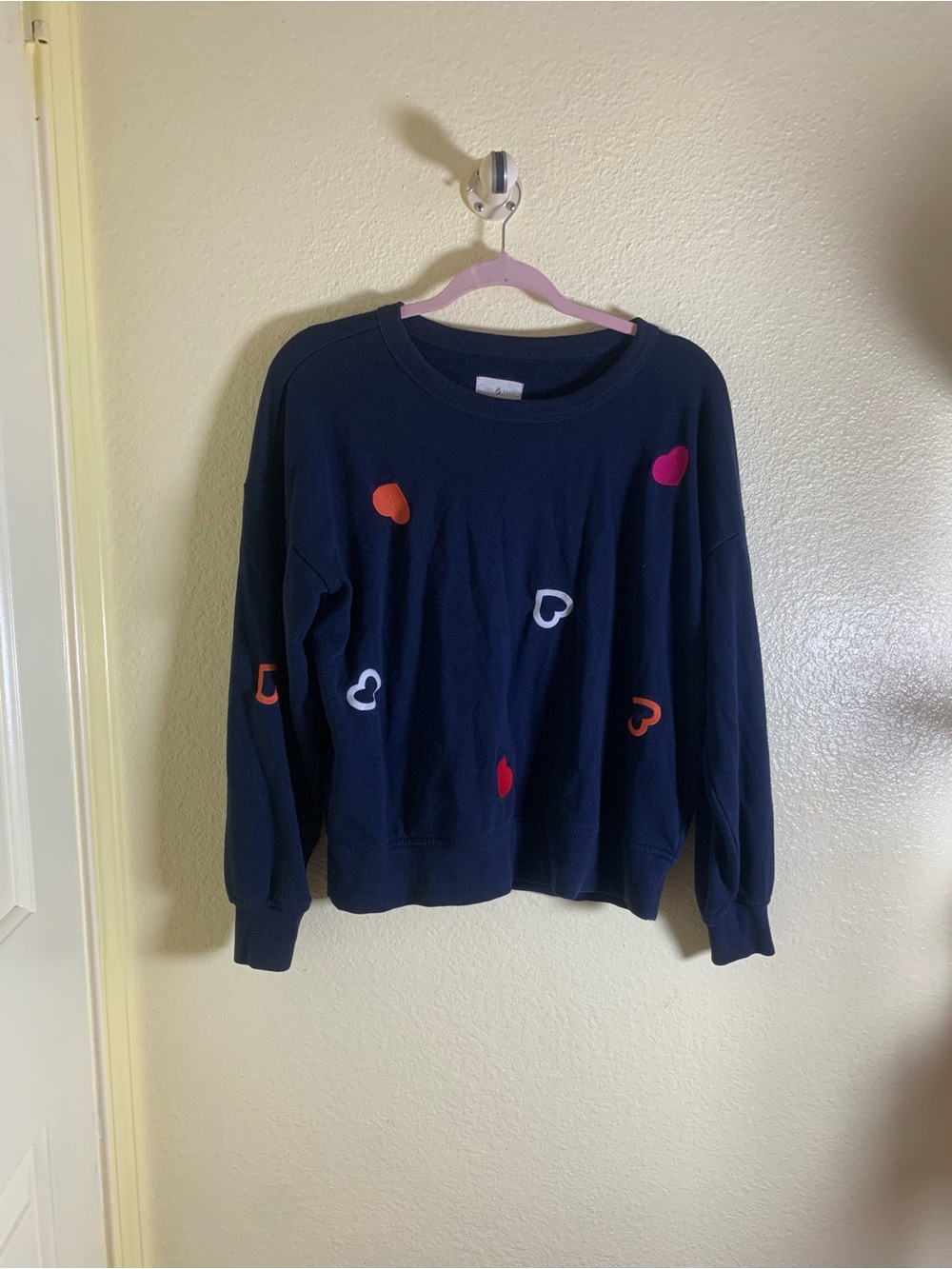 NWOT Lou & Grey Navy Pullover with Colorful Heart Accents, Size M